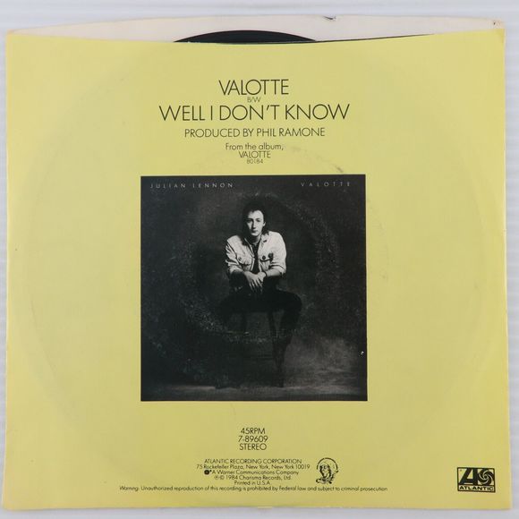 Julian Lennon – Valotte / Well I Don't Know 1984 45 rpm 7" Vinyl Record 7-89609 - Picture 2 of 8